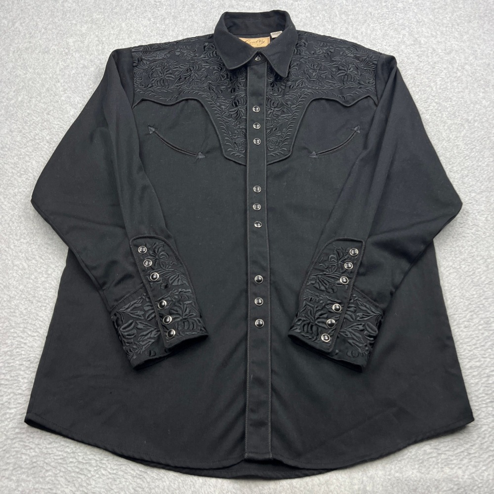 Scully Gunfighter Western Shirt Mens Large Black Floral Pearl Snap Smile Pockets